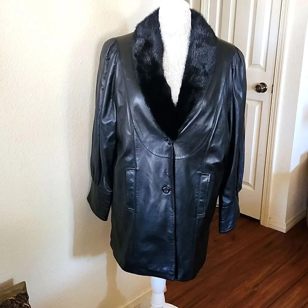 Vintage Avante Guard Leather With Genuine Fox Fur Collar Coat Size Mob Wife XL